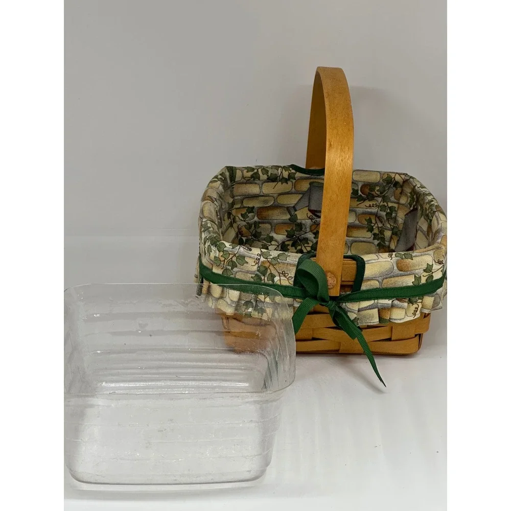 VTG Longaberger Woven Basket Brown Dresden Style Fabric Liner Plastic Protector